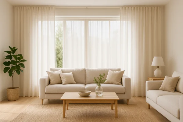 Salón mediterráneo con cortinas de lino blanco roto