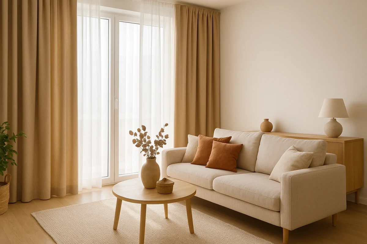 Salón moderno con cortinas opacas beige y visillos blancos