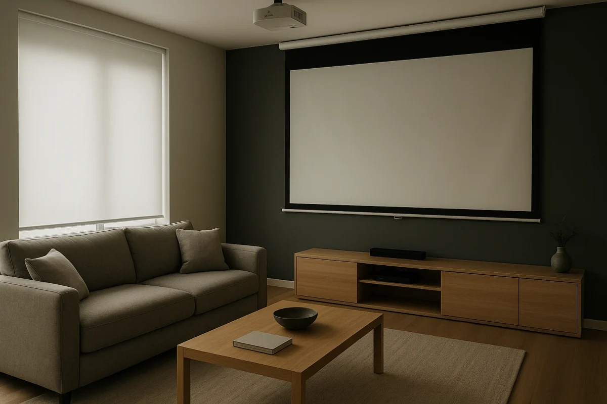 Salón moderno con estores opacos blancos y proyector