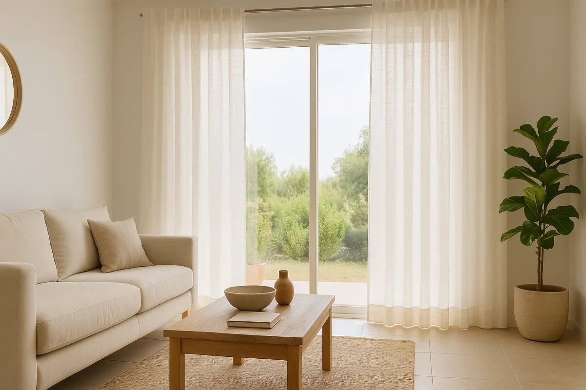 Salón mediterráneo con visillos de lino blanco con textura