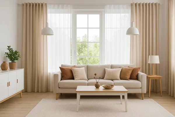 Salón nórdico con cortinas beige arena