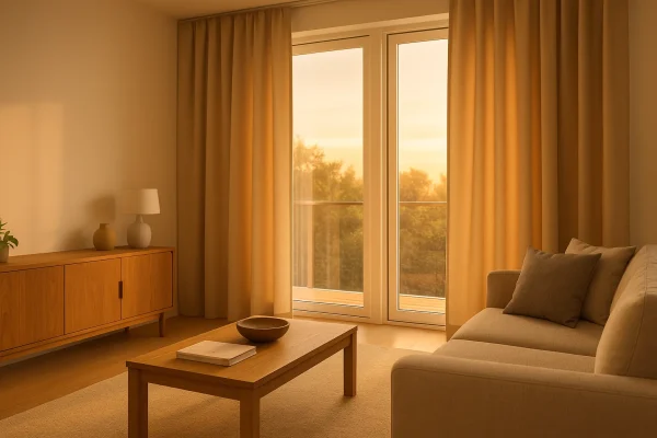 Salón con cortinas opacas beige orientación oeste