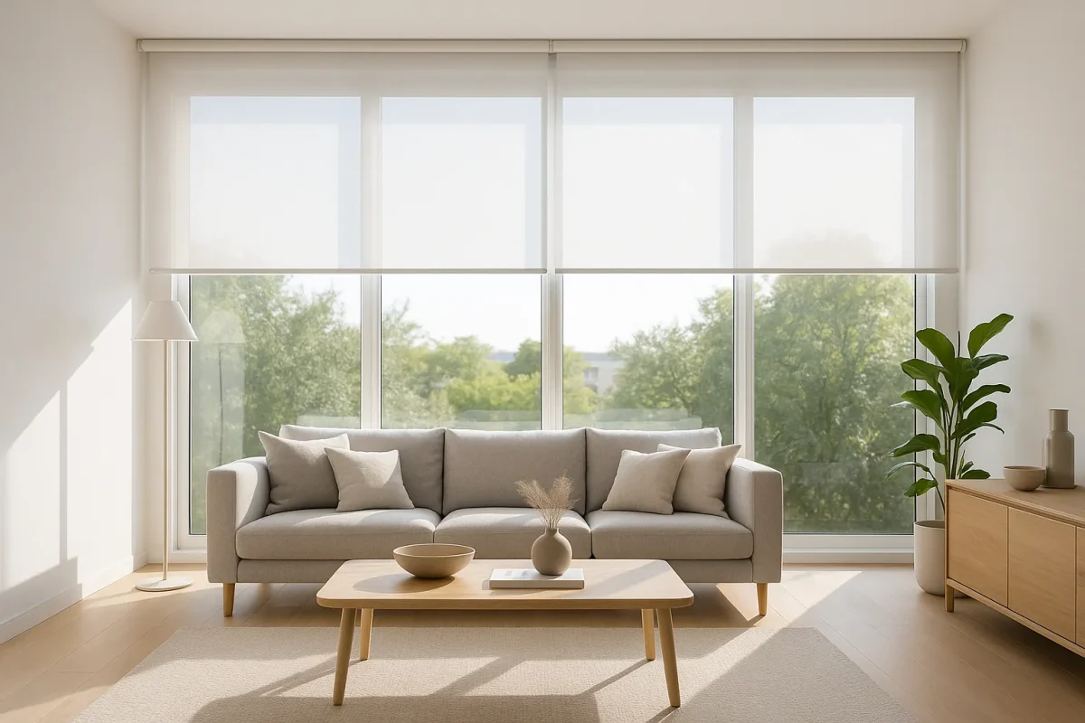 Salón moderno con estores screen blancos orientación sur