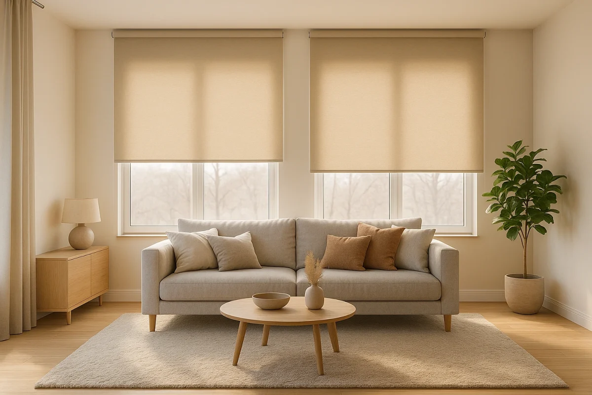 Salón con estores enrollables térmicos beige para mantener el calor en invierno