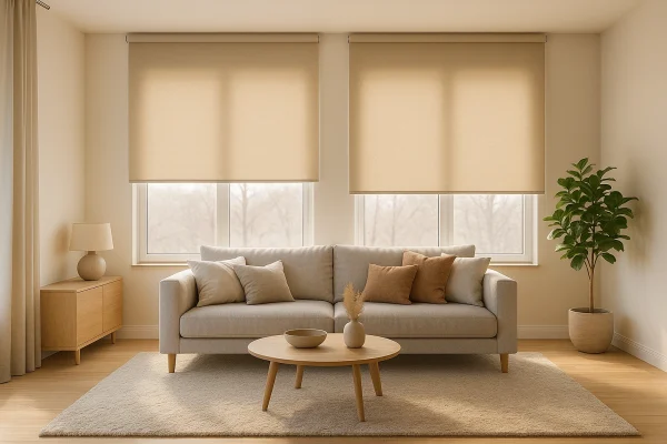 Salón con estores enrollables térmicos beige para mantener el calor en invierno